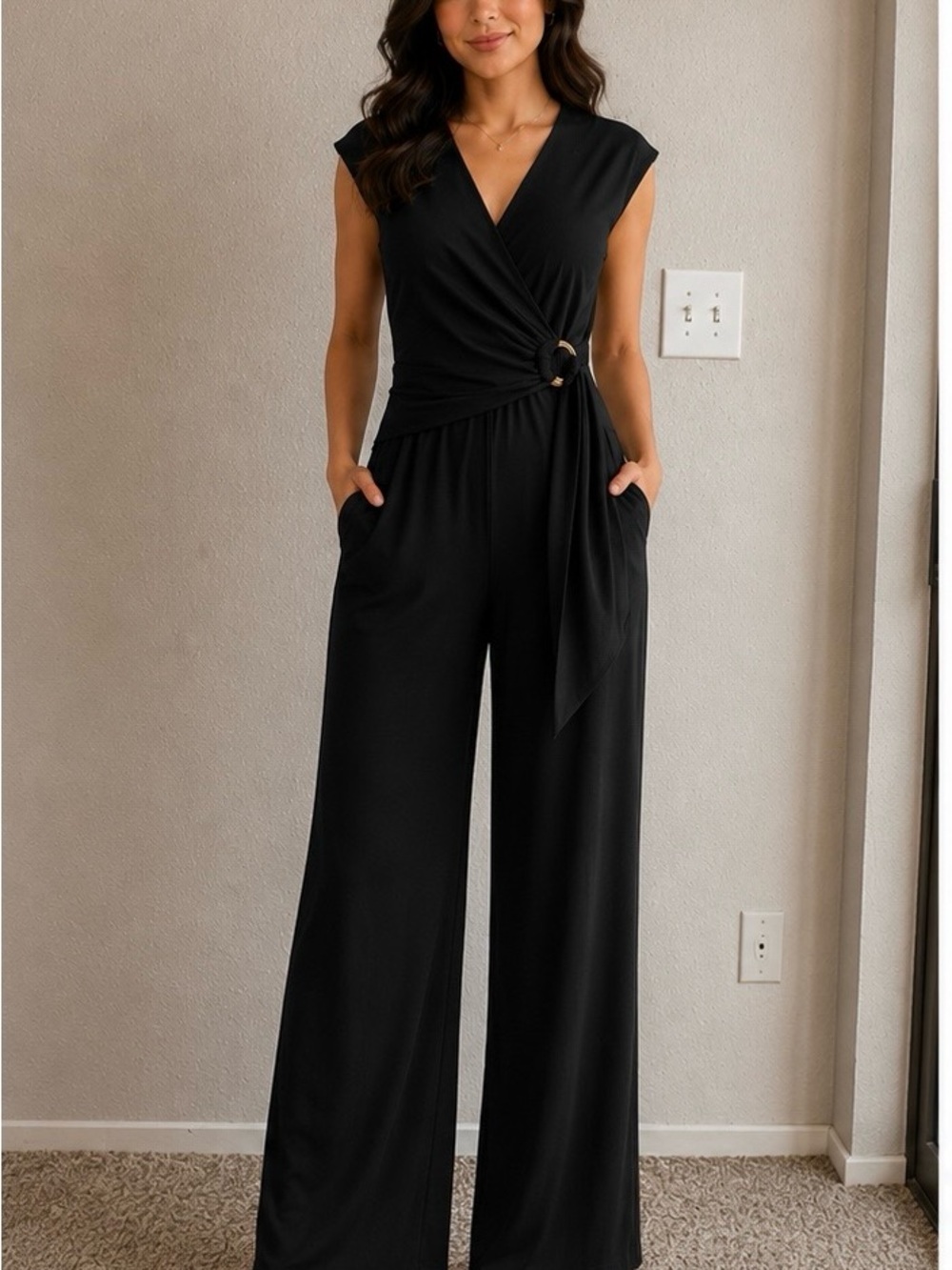 Cato Black Wrap-Front Wide-Leg Jumpsuit with Side Ring